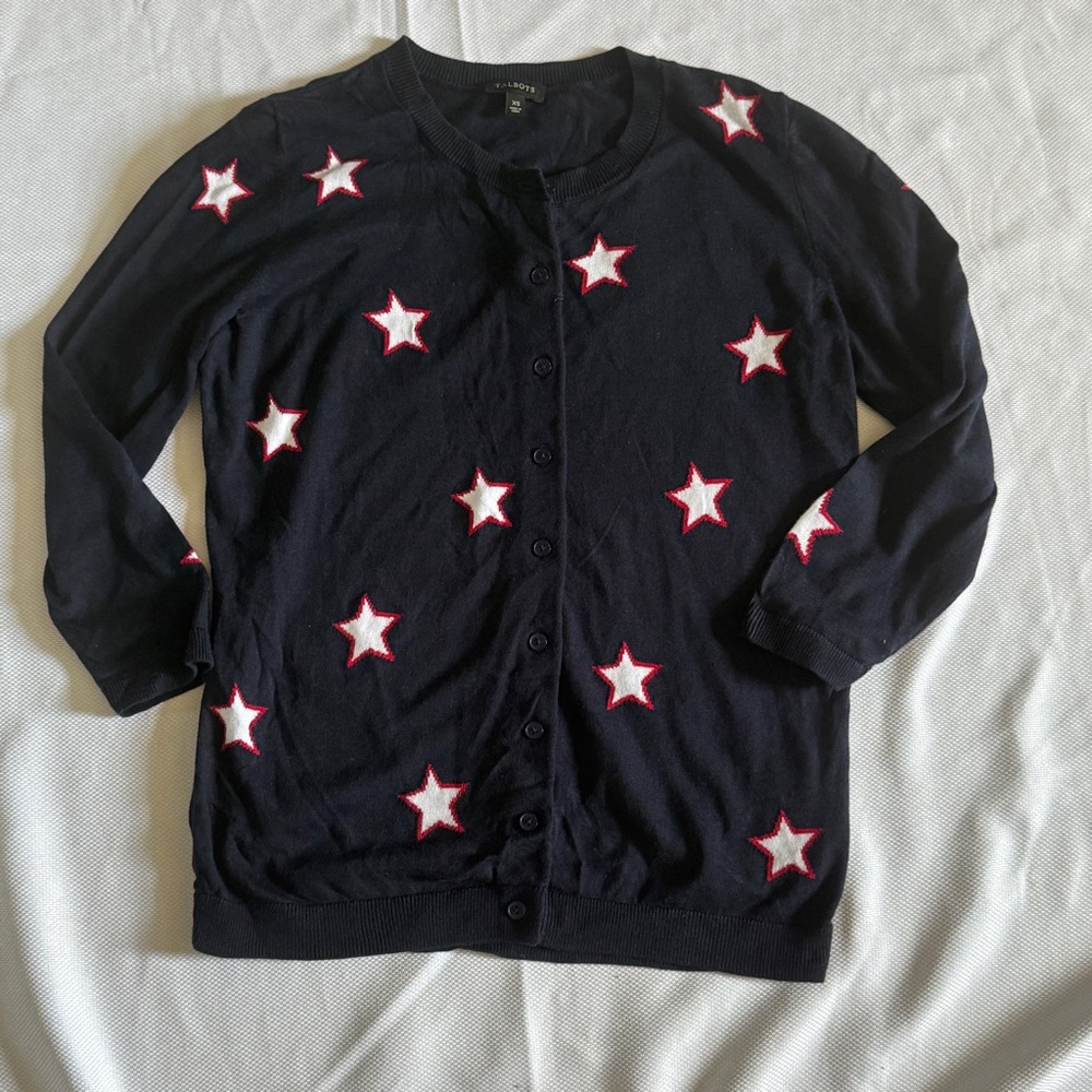 Talbots XS Navy Star Cardigan – Red & White Spiderman-Inspired Sweater